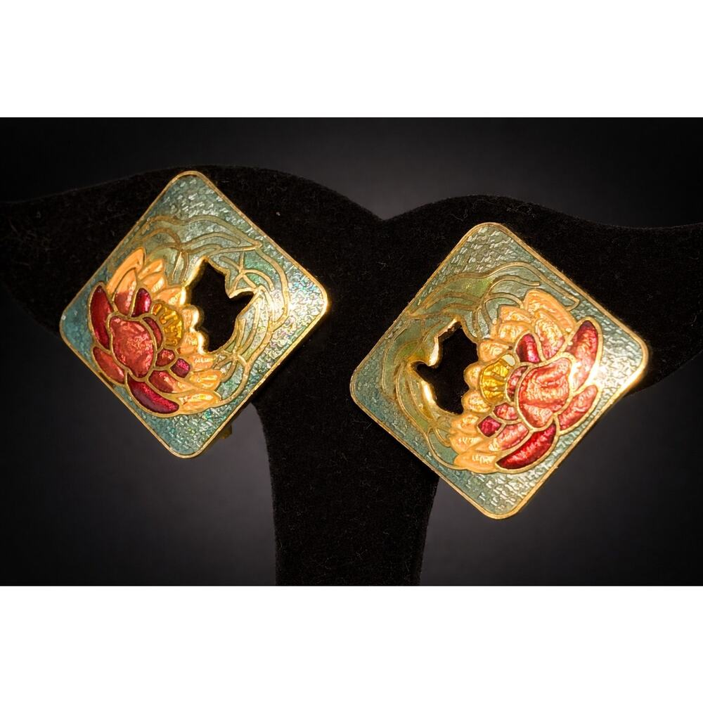 Vintage Enamel Flower Clip-on Earrings 1" Cloisonne Aqua Blue Pink Gold bcl-38